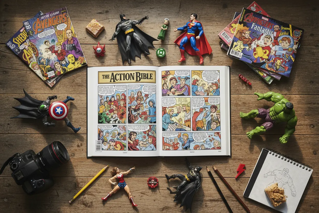 The Action Bible surrounded by superhero toys and comics on a desk.