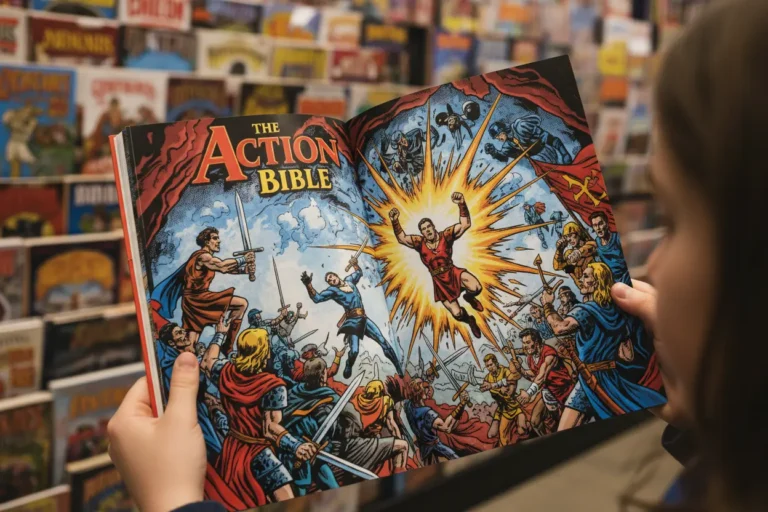 Child holding open The Action Bible to an illustrated scene.