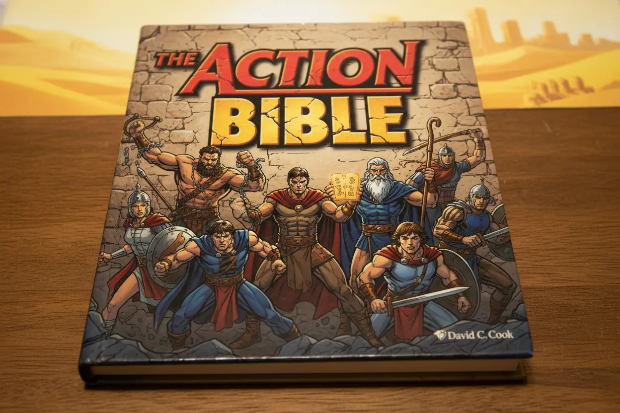 Close-up of The Action Bible's colorful and dynamic cover.