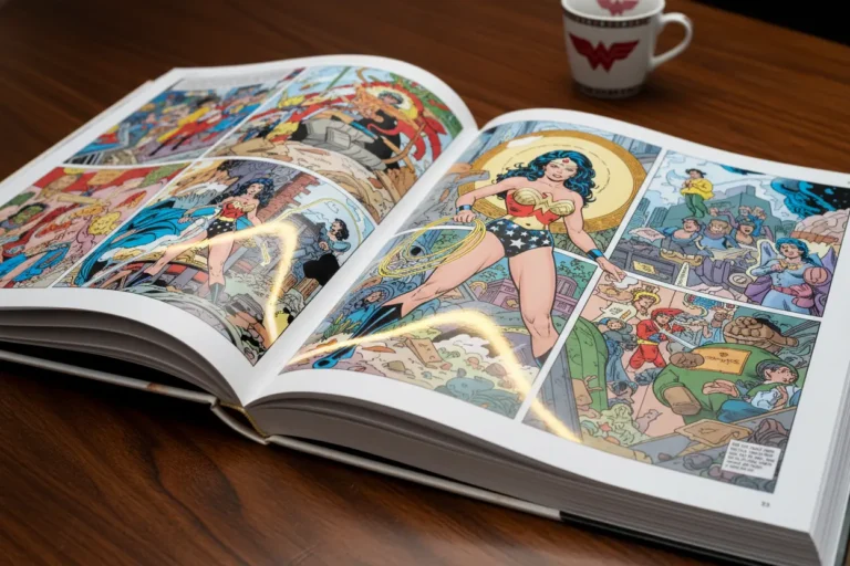 Wonder Woman George Pérez Omnibus open to an intricate art page, golden lasso reflection.