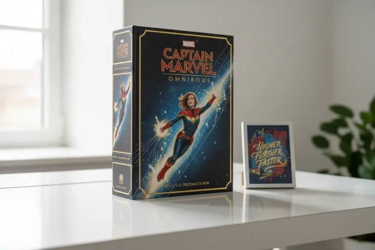 Captain Marvel Kelly Sue DeConnick Omnibus on a desk with 'Higher Further Faster' print