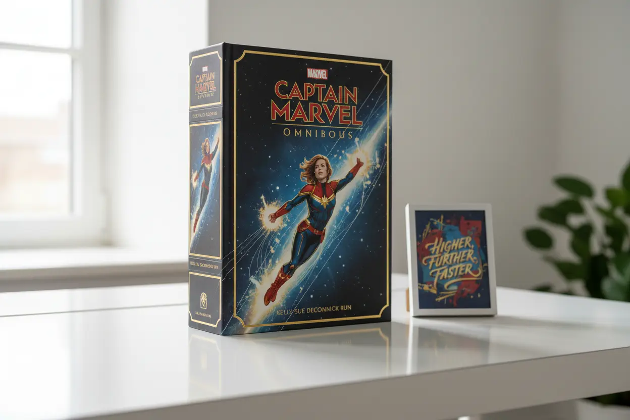 Captain Marvel Kelly Sue DeConnick Omnibus on a desk with 'Higher Further Faster' print