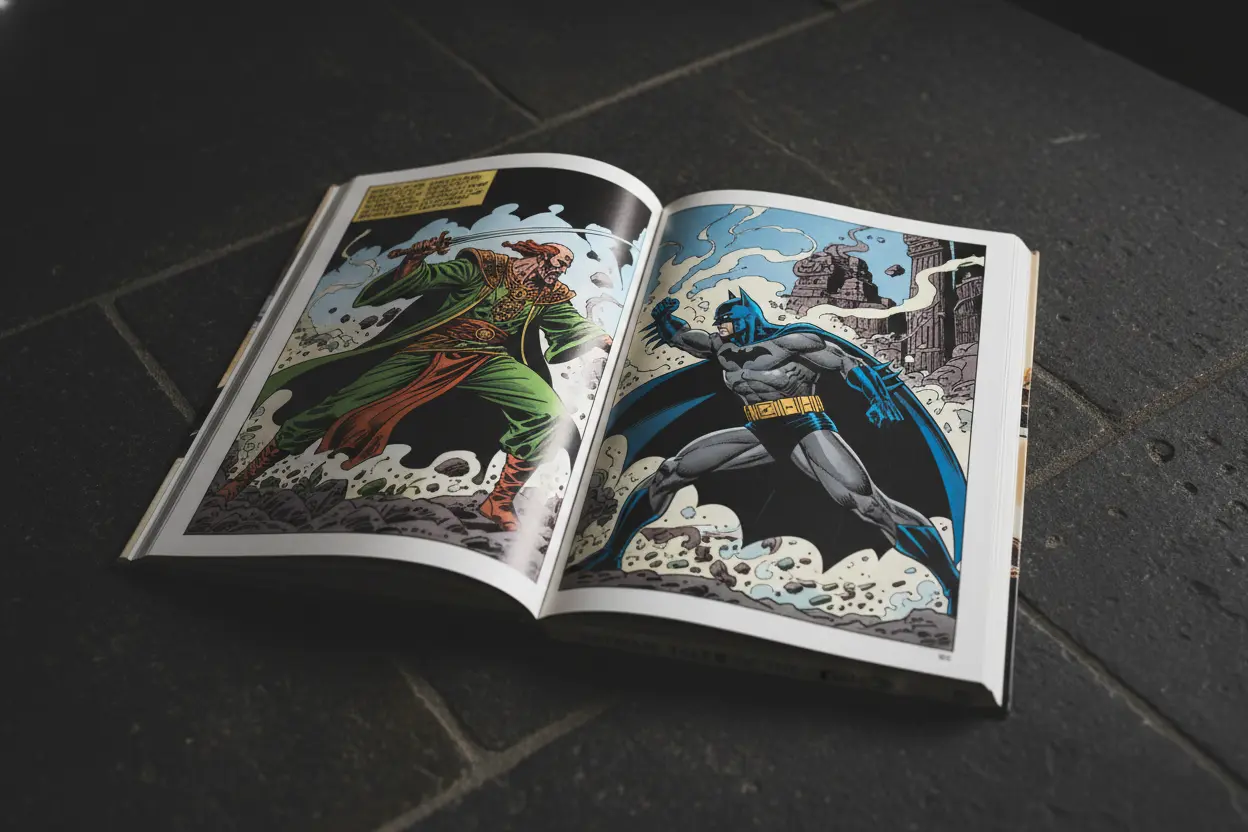 Open comic book showing Ra's al Ghul and Batman