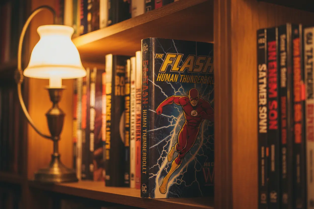 The Flash Human Thunderbolt comic book on a bookshelf