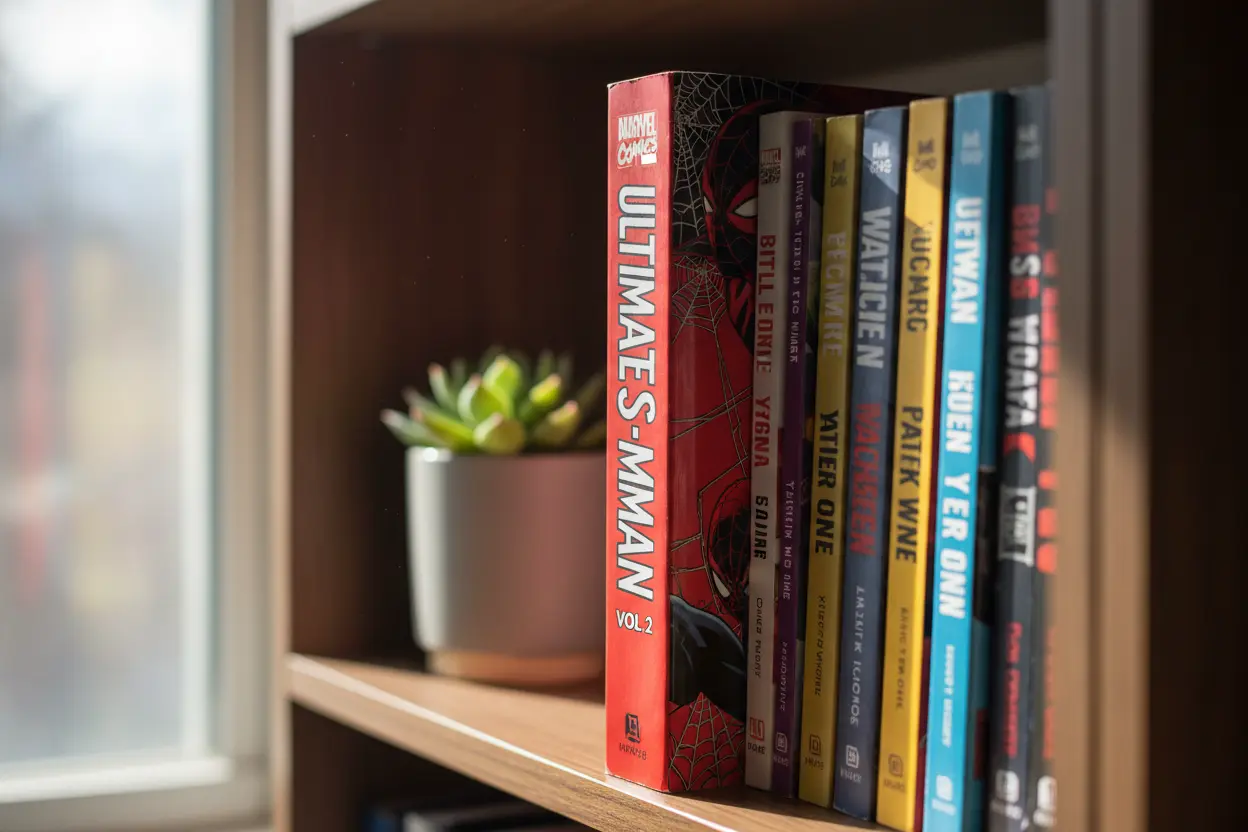 Ultimate Spider-Man Vol. 2 spine on a bookshelf