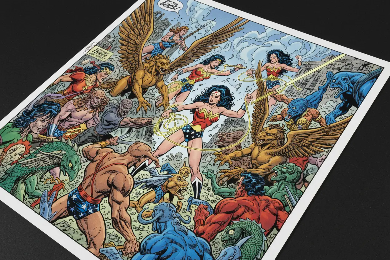 Close-up of a detailed George Pérez Wonder Woman comic panel with mythological creatures.