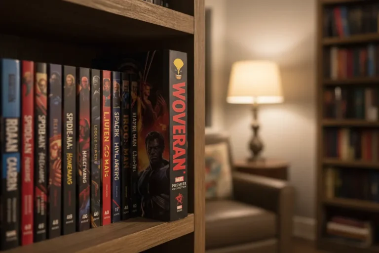 Wolverine Logan Marvel Premier Collection spine on a bookshelf