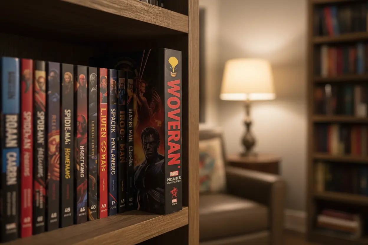 Wolverine Logan Marvel Premier Collection spine on a bookshelf