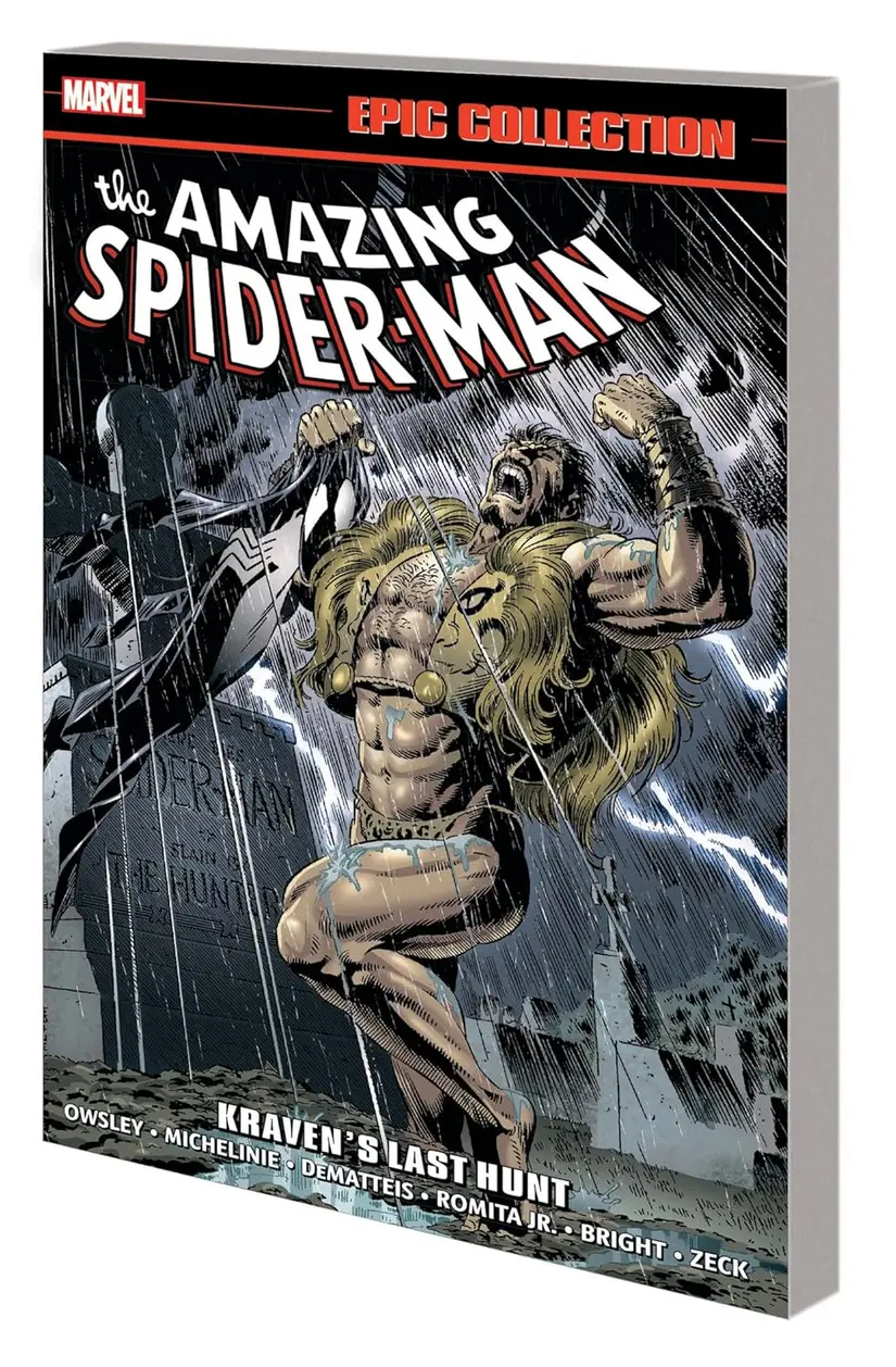 Amazing Spider-Man Epic Collection Kraven's Last Hunt book cover on a shelf