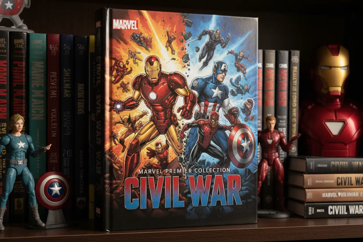 Close-up of Civil War Marvel Premier Collection book cover on a shelf.