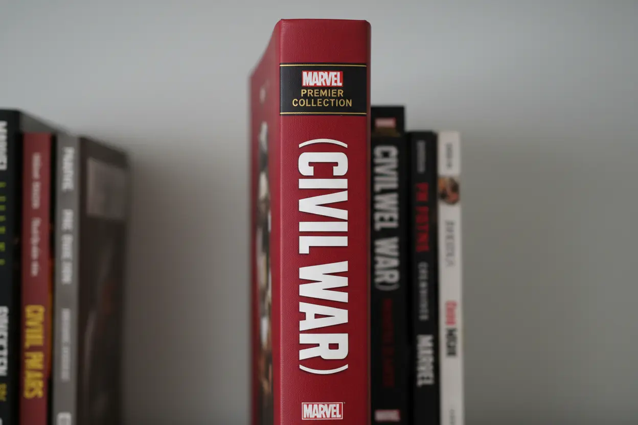 Spine of Civil War Marvel Premier Collection on a bookshelf.
