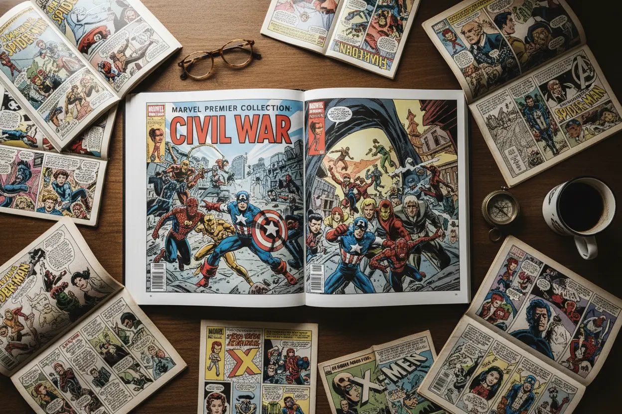 Flat lay of Civil War Marvel Premier Collection open to an artwork page.