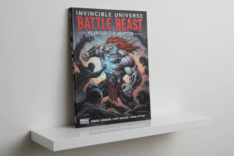 Close-up of Invincible Universe Battle Beast comic book cover on a shelf.