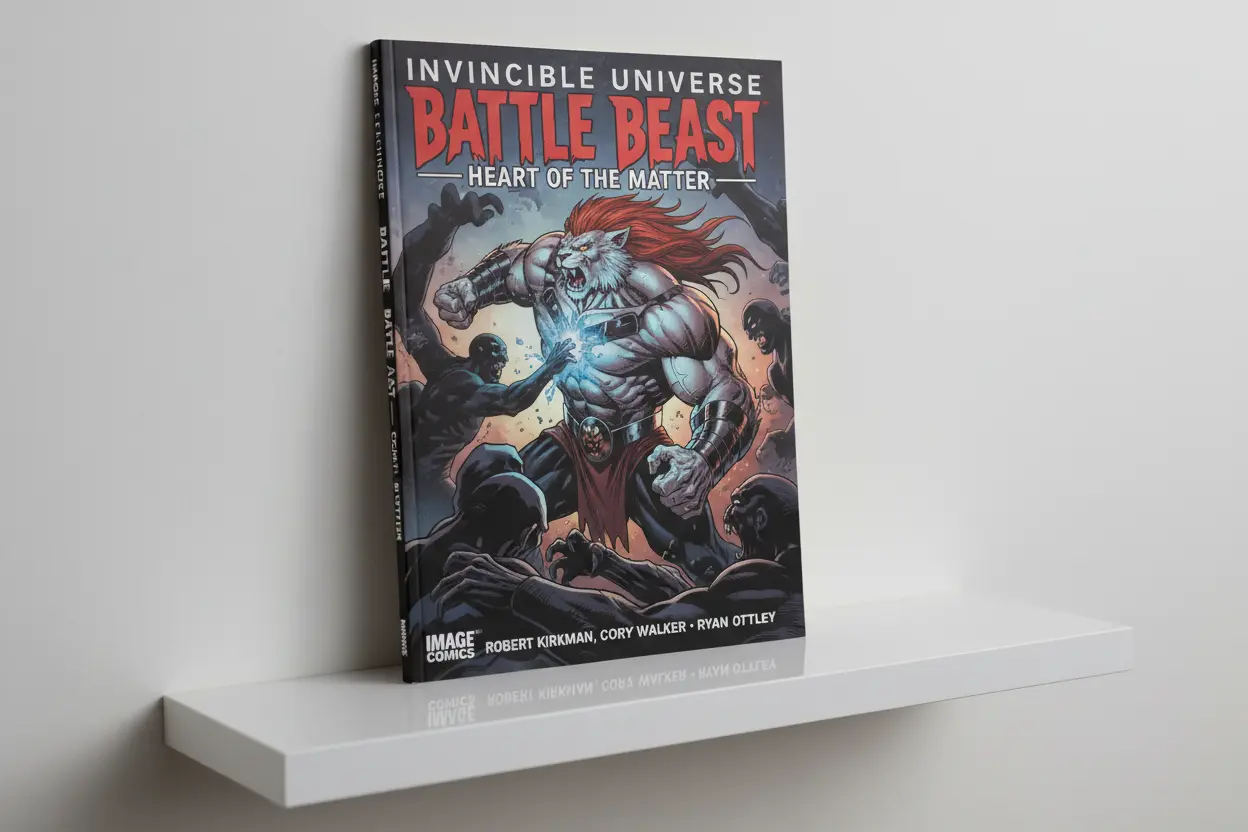 Close-up of Invincible Universe Battle Beast comic book cover on a shelf.