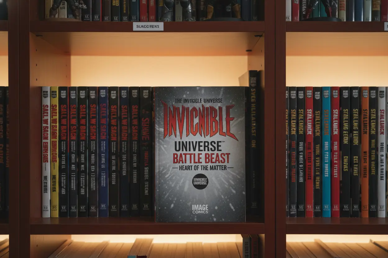Invincible Universe Battle Beast comic book spine on a collection shelf.