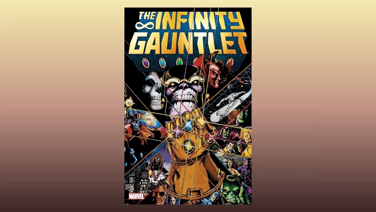 Close-up of Infinity Gauntlet Paperback comic book cover