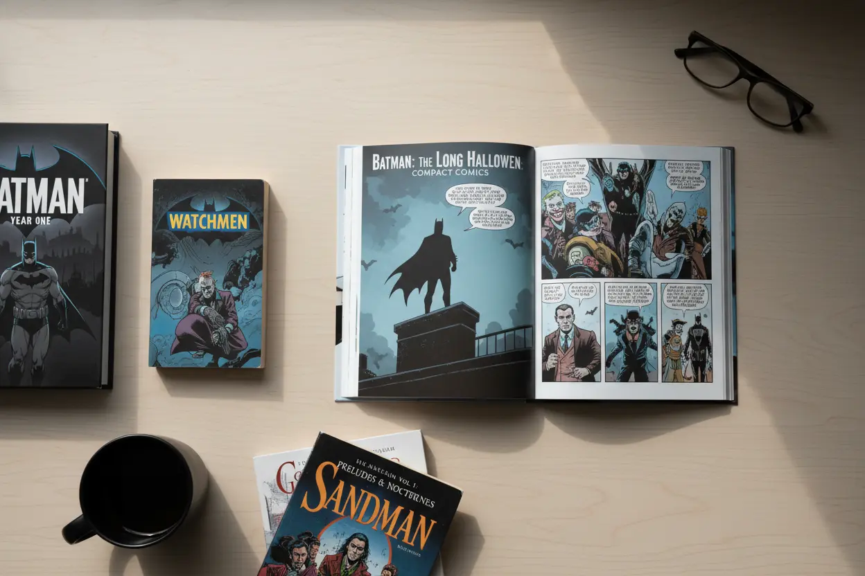 Open pages of Batman The Long Halloween Compact Comics on a desk
