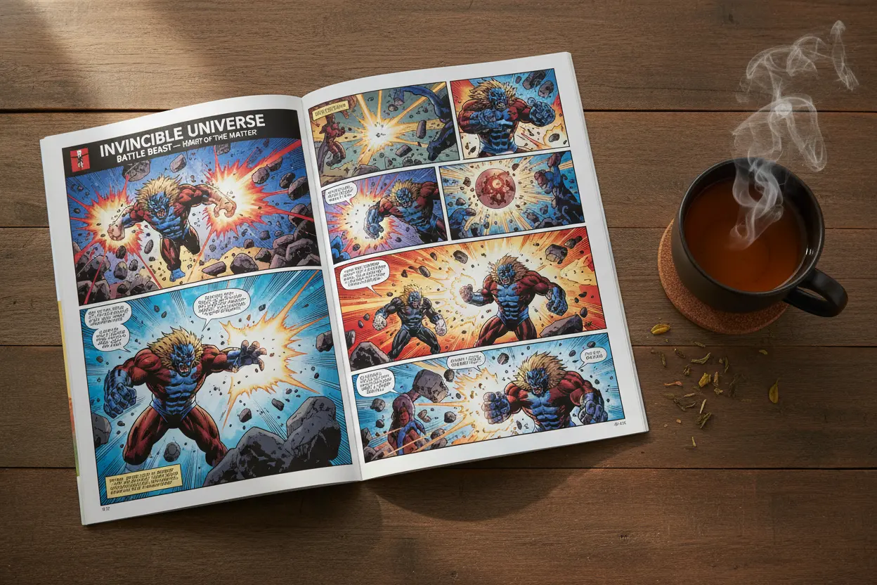 Flat lay of Invincible Universe Battle Beast comic book with a hot drink.
