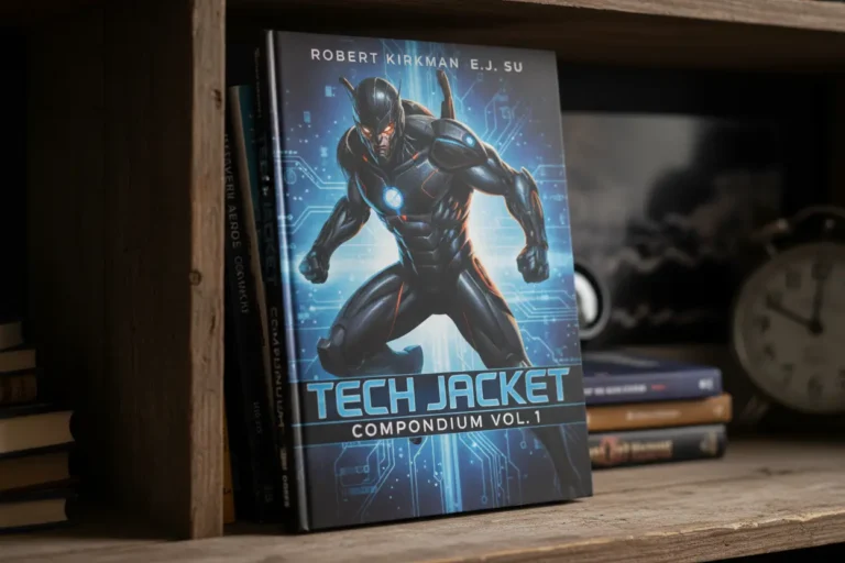 Close-up of Tech Jacket Compendium Vol. 1 comic book cover on a shelf