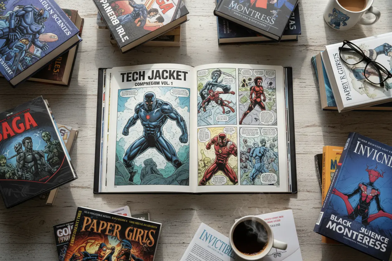 Flat lay of Tech Jacket Compendium Vol. 1 open to an artwork page with other graphic novels