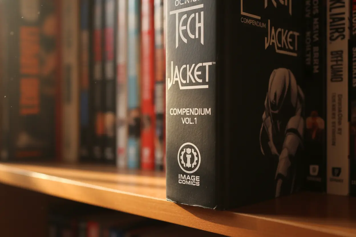 Detail of Tech Jacket Compendium Vol. 1 spine on a bookshelf