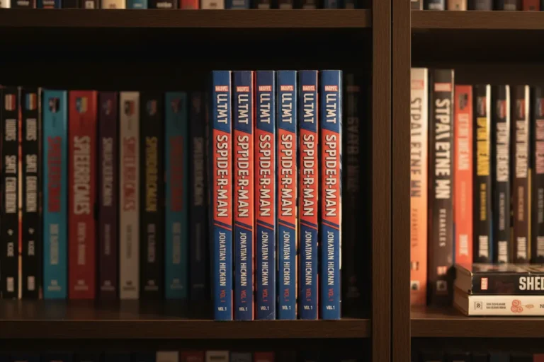 Ultimate Spider-Man by Jonathan Hickman Vol. 1 comic book spine on a bookshelf