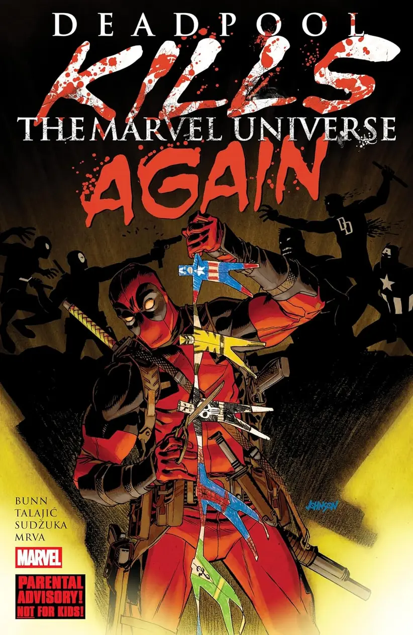 Deadpool Kills The Marvel Universe Again [New Printing] paperback spine on a comic book shelf