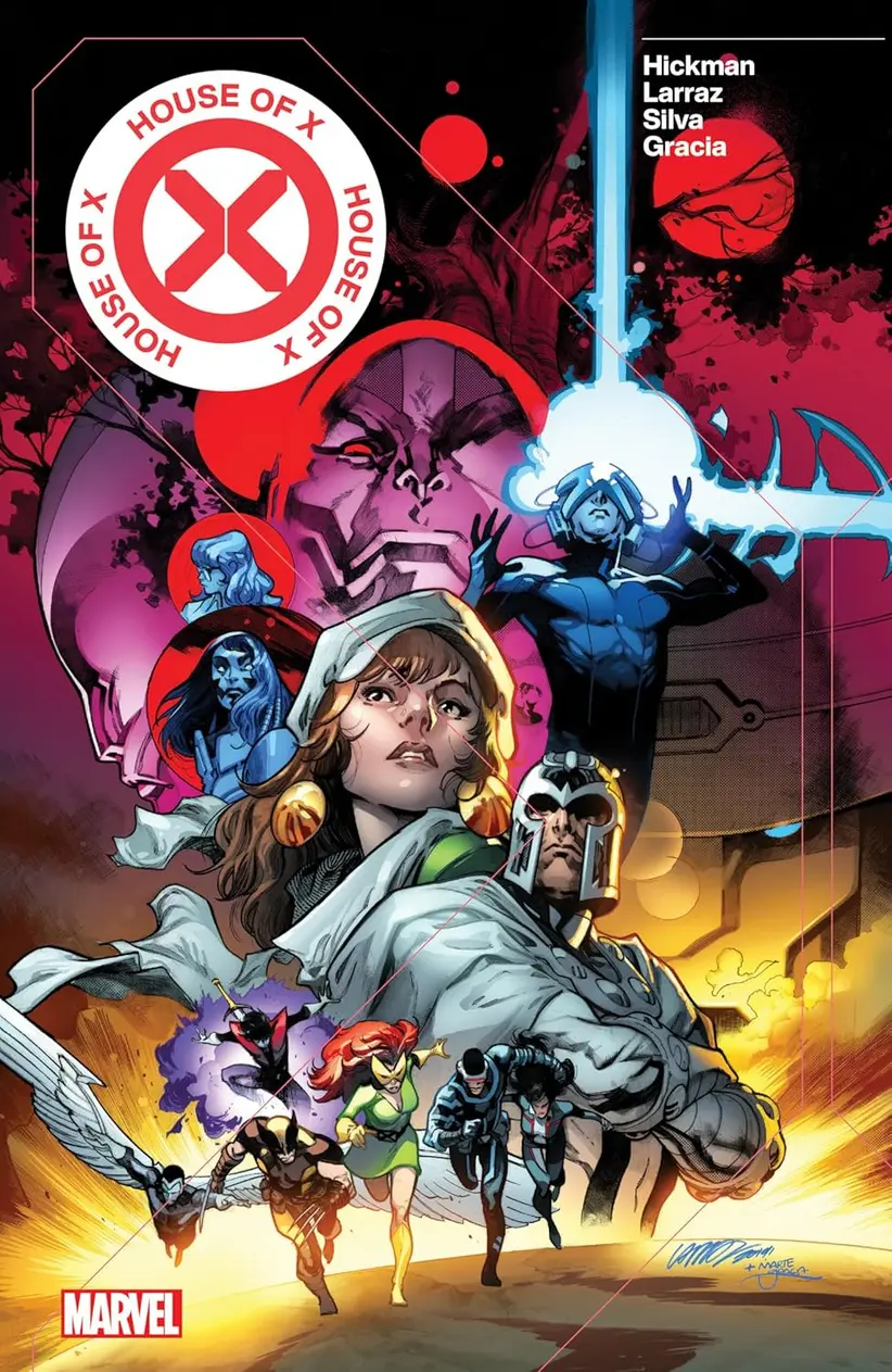 House Of X/Powers Of X paperback graphic novel lying flat on a desk with the cover facing up