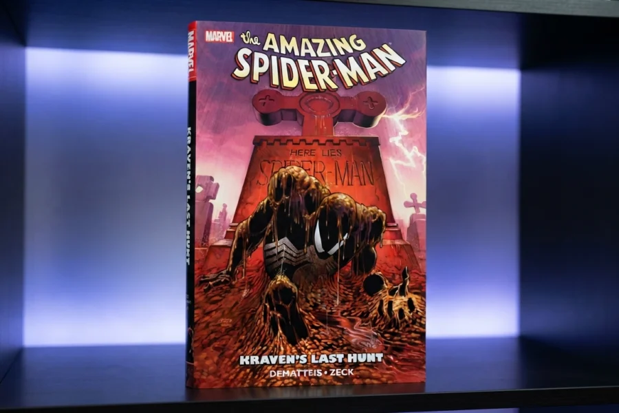Collector's edition Spider-Man: Kraven's Last Hunt comic book on display in a geek-themed shelf with neon lighting. Cover highlights Spider-Man in his black suit emerging from a grave during a storm.