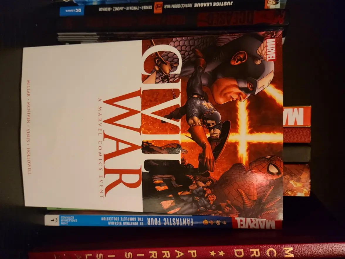 Marvel Civil War paperback comic book flat lay with coffee and reading glasses