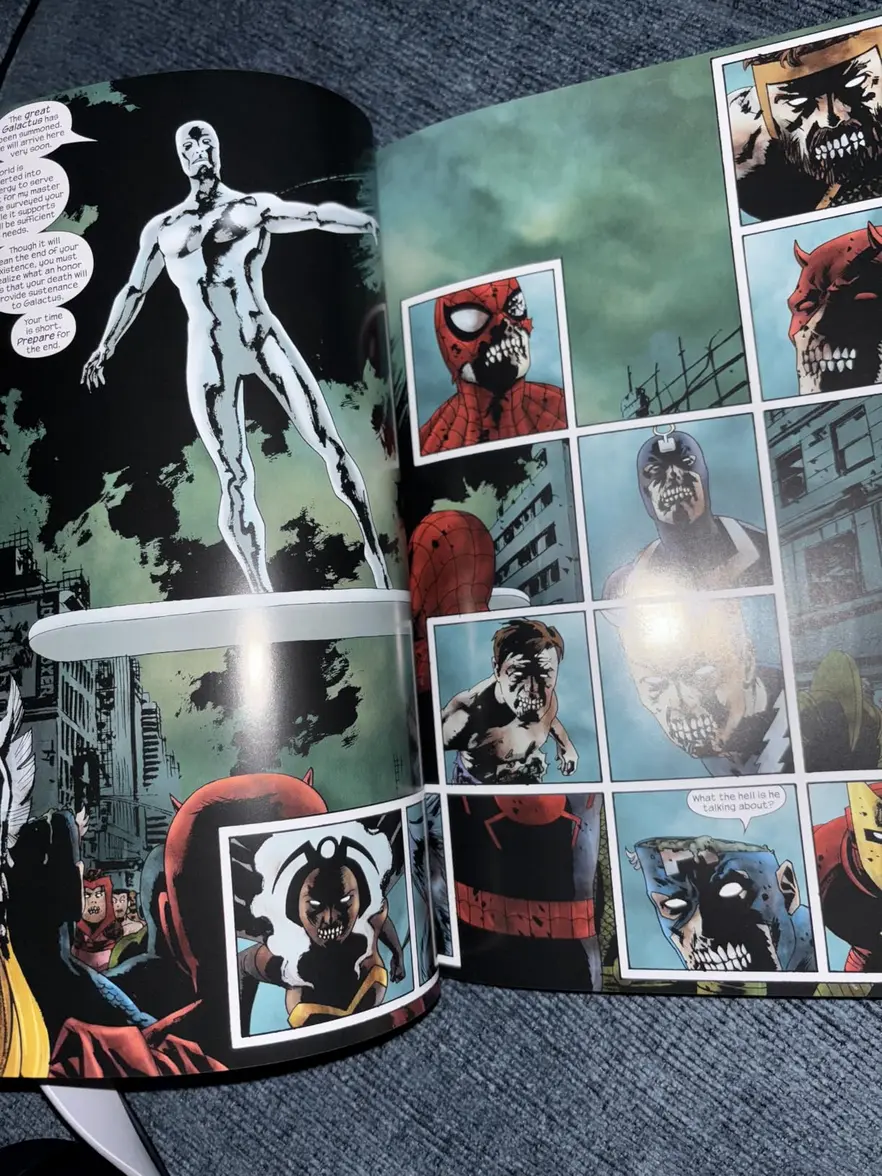 Open pages of the Marvel Zombies Omnibus showcasing interior artwork