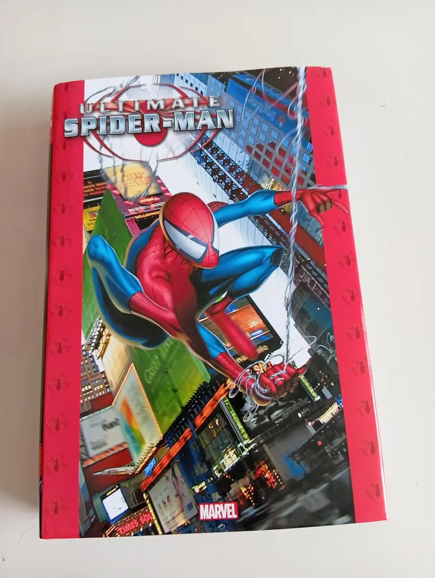Spine of Ultimate Spider-Man Omnibus Vol. 1 on a bookshelf