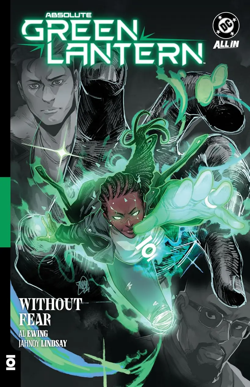 Absolute Green Lantern Vol. 1 comic book spine on a bookshelf with other Absolute Editions