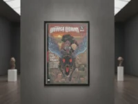Absolute Wonder Woman Vol 1 cover, framed, hanging on a museum wall.