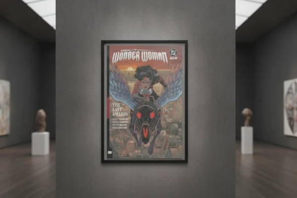 Absolute Wonder Woman Vol 1 cover, framed, hanging on a museum wall.