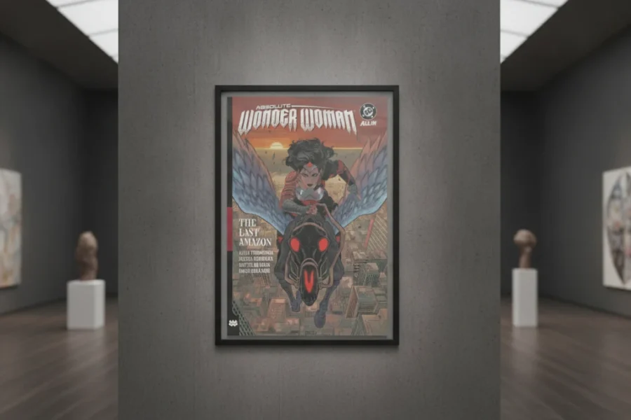 Absolute Wonder Woman Vol 1 cover, framed, hanging on a museum wall.