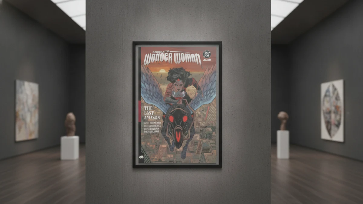 Absolute Wonder Woman Vol 1 cover, framed, hanging on a museum wall.