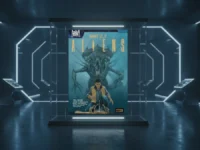 A comic titled "Aliens What If" in a futuristic glass display.