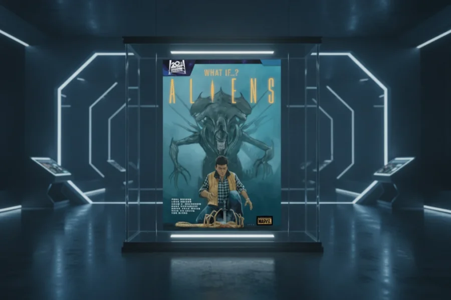 A comic titled "Aliens What If" in a futuristic glass display.