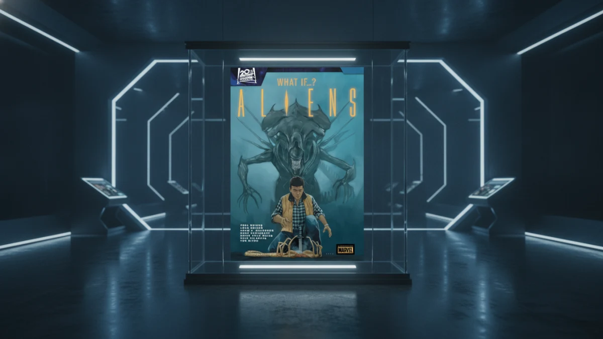 Aliens What If: Comic Book in a Sci-Fi Exhibit A comic titled "Aliens What If" in a futuristic glass display.