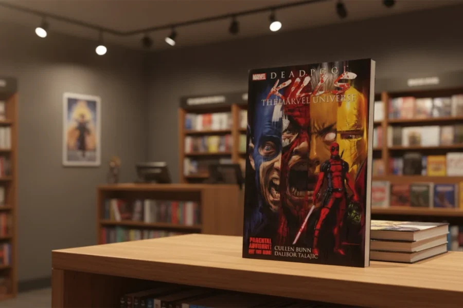 Deadpool Kills the Marvel Universe comic stands on a wooden counter in a bookstore.