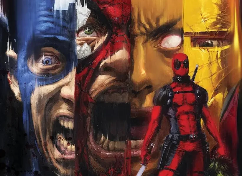 Deadpool Kills the Marvel Universe paperback comic book standing upright with the front cover visible on a wooden shelf