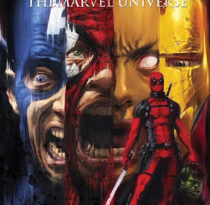 Deadpool Kills the Marvel Universe paperback comic book standing upright with the front cover visible on a wooden shelf