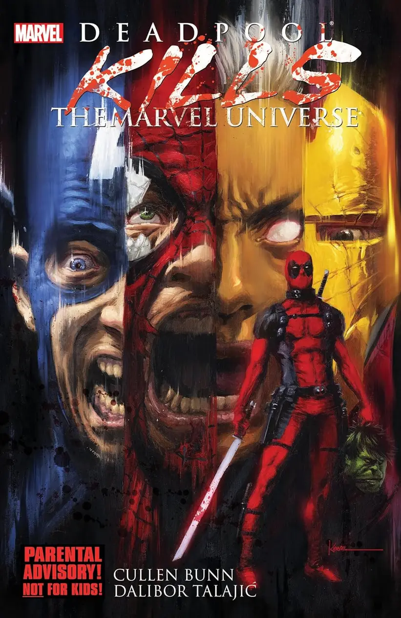 Open Deadpool Kills the Marvel Universe paperback comic book showing interior illustration pages