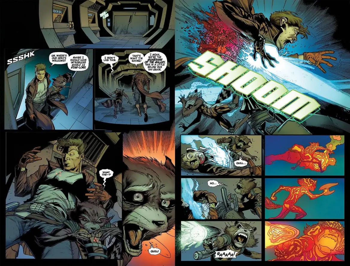 Open pages of Predator Kills The Marvel Universe comic book showing detailed interior artwork