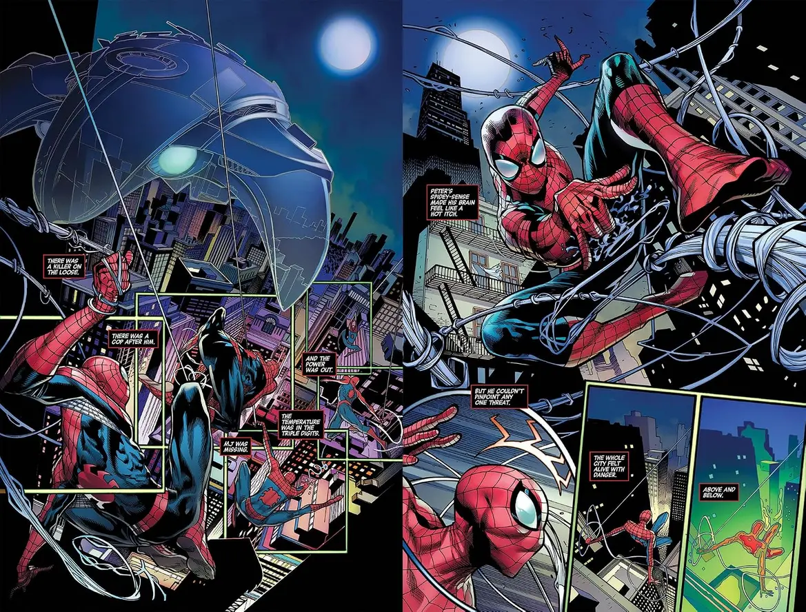 Open pages of Predator Vs. Spider-Man comic book showcasing interior artwork