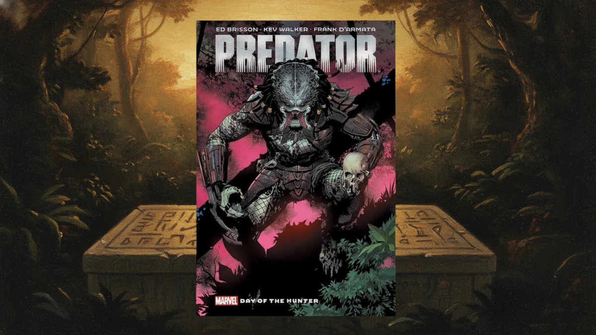 A "Predator By Ed Brisson Vol 1" comic on a stone slab in a painted forest.