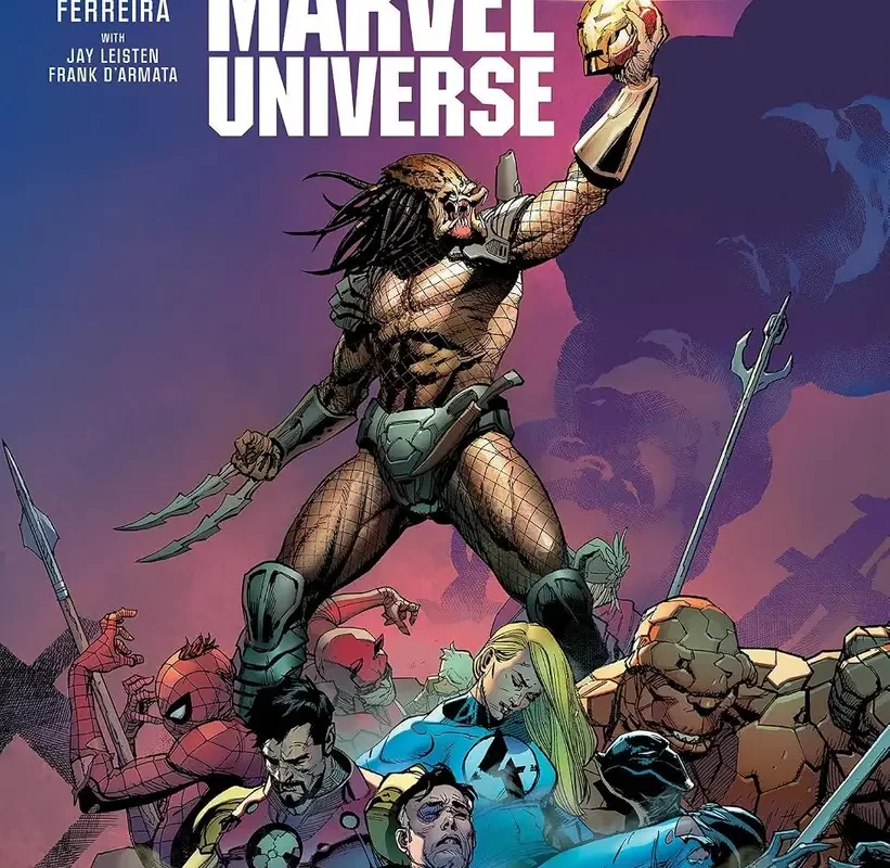 Predator Kills The Marvel Universe paperback comic book displayed on a clean white surface