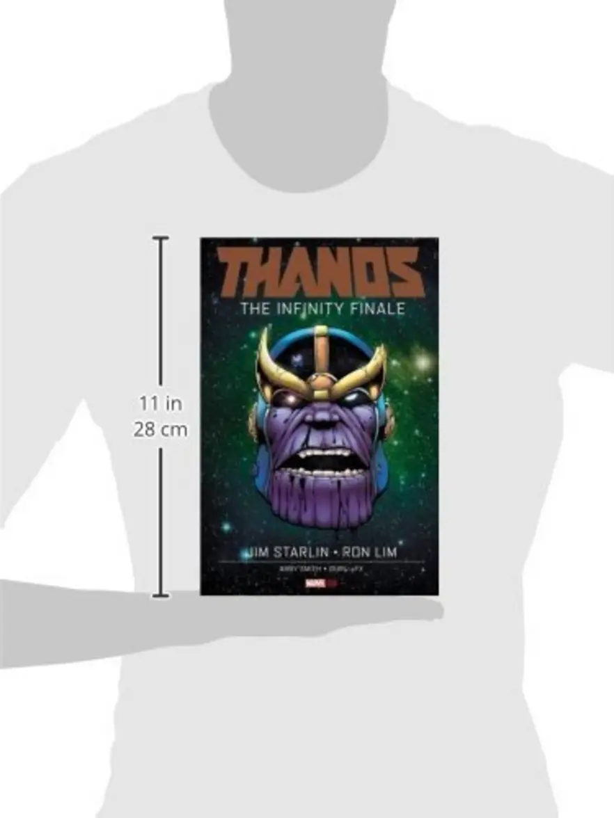 Thanos: The Infinity Finale hardcover book spine on a bookshelf