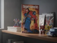 A Transformers Vol 1 Robots in Disguise comic on a shelf with robot figures.